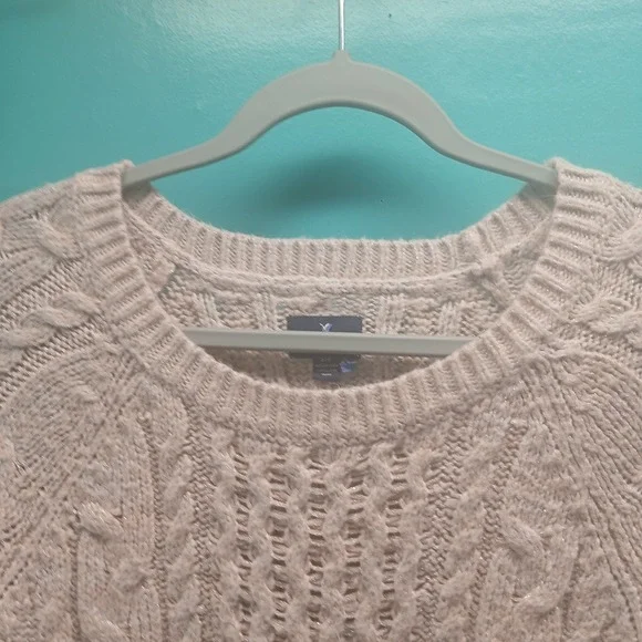 American Eagle Cream Cable Knit Metallic Shimmer Sweater Crew Neck Small - Picture 3 of 11